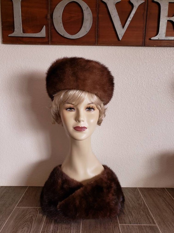 Vintage Mink Pill Box Style Hat, Brown Mink Hat, P