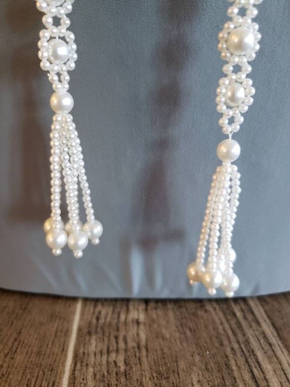 Vintage Woven Beaded Faux Pearl Necklace with Ope… - image 4