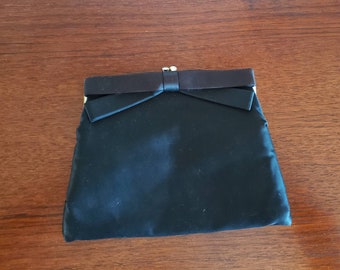 Vintage Satin Black Cocktail Clutch with Kiss Latch, Vintage Rockabilly Pin up Cocktail Bag with Bow