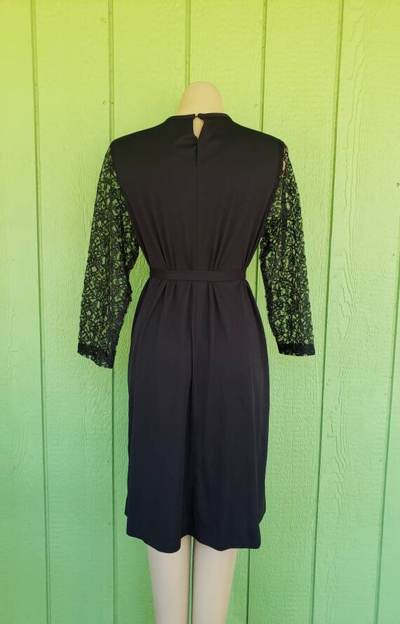Vintage Cue Fashions Black Dress With Lace Accents 1970 s Cocktail Dress Polyester Dress With Lace Sleeves Size 40 Etsy