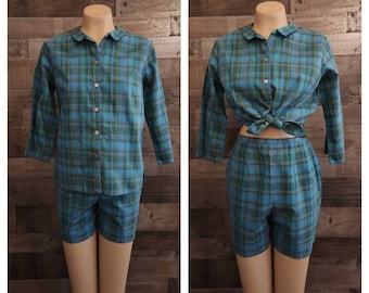 Vintage 1960&#39;s Plaid Shorts and Blouse Set | Small - See Measurements Listed