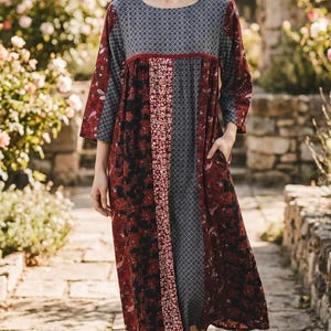 Vintage Ethnic Style Muumuu Dress by National -  Patchwork Print Midi Dress - L/XL - Use Measurements