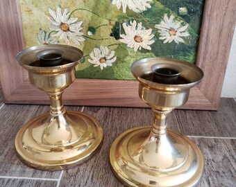 Set of Two Brass Candlesticks | Vintage Brass Candlestick Holders | Heavy Brass Candleholders | 4.5"  Tall