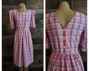 Vintage Pink Plaid Polyester Day Dress | 70's Plaid Summer Dress | 34" Bust - Small/Medium