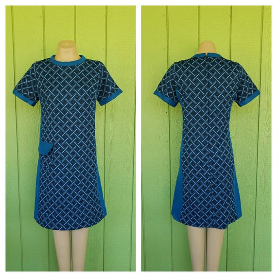 Vintage 1970's Polyester Day Dress, Blue Secretar… - image 1