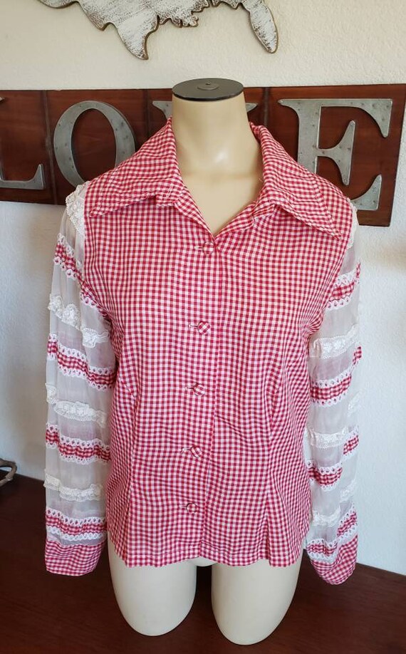 Vintage 1960's Western Gingham Blouse, With Lace … - image 2