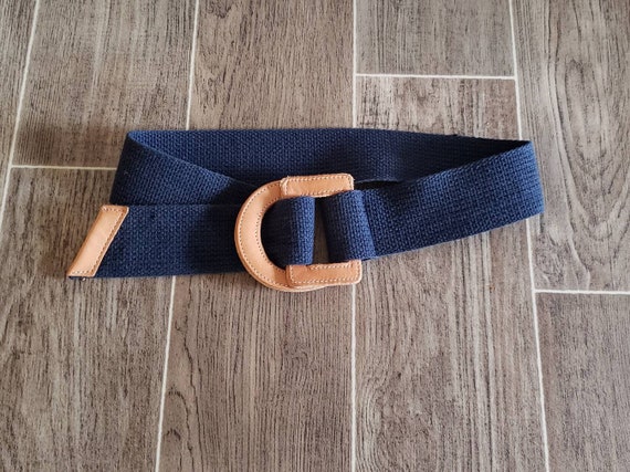 Vintage 1970's Navy Blue Canvas Belt with Leather… - image 1