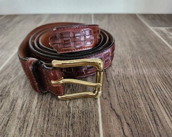 Vintage Leather Woven Brown Belt | Tanned Leather Belt with Brass Buckle - No Adjustable Holes