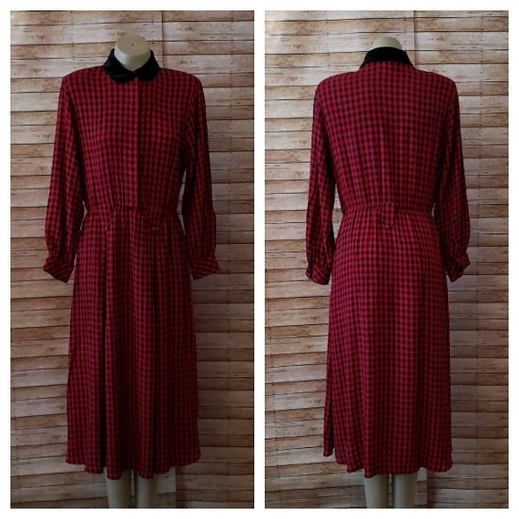 Vintage Gingham Print Dress with Velvet Collar | … - image 1