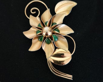 Vintage Large Sterling Vermeil Flower Brooch with Green Stones by TruArt