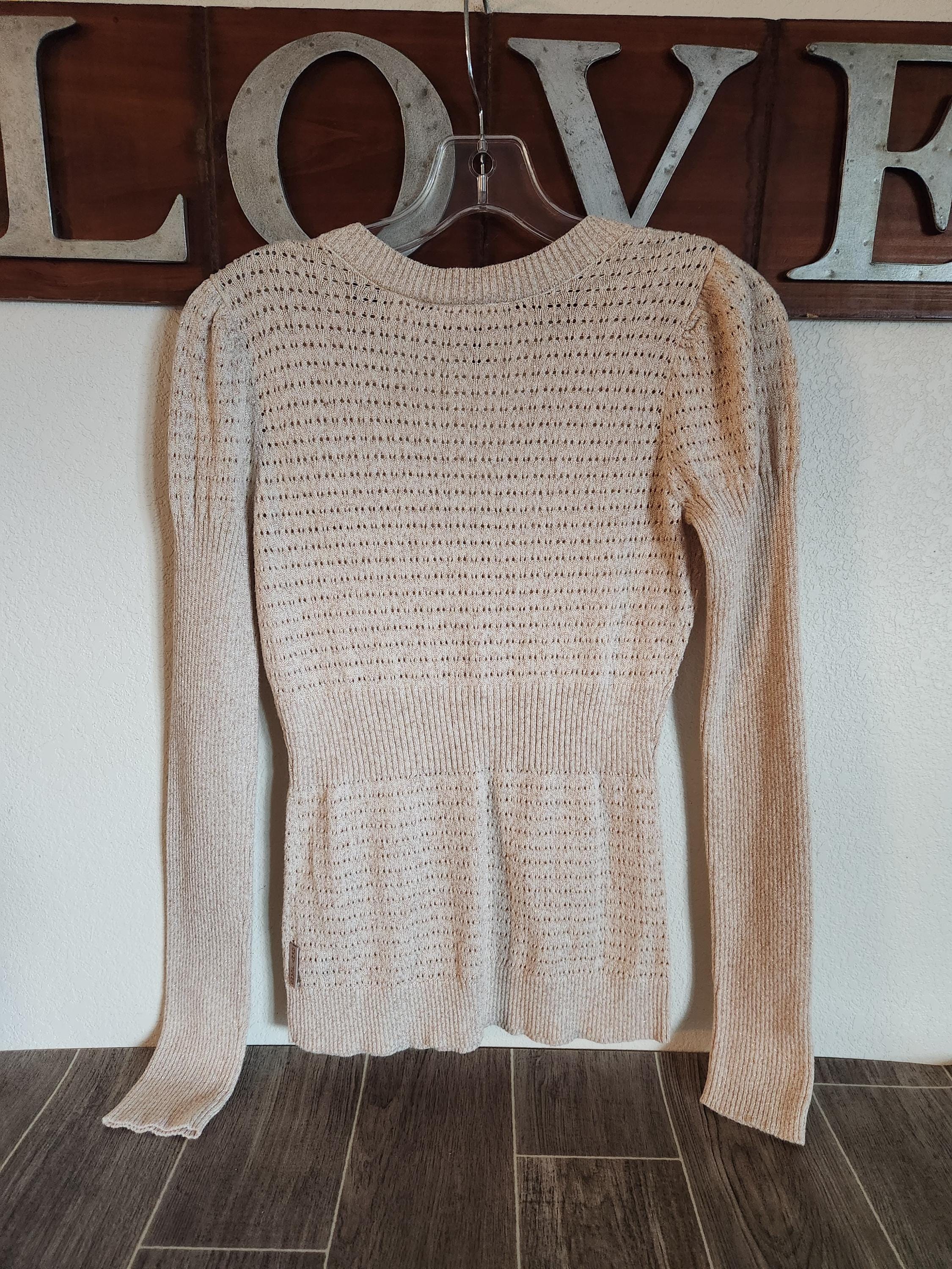 DKNY jeans 80s 90s リネン 100% ルーズ サマー　ニット Vintage Metallic Gold Knit Sweater by DKNY Jeans | Beige With Gold