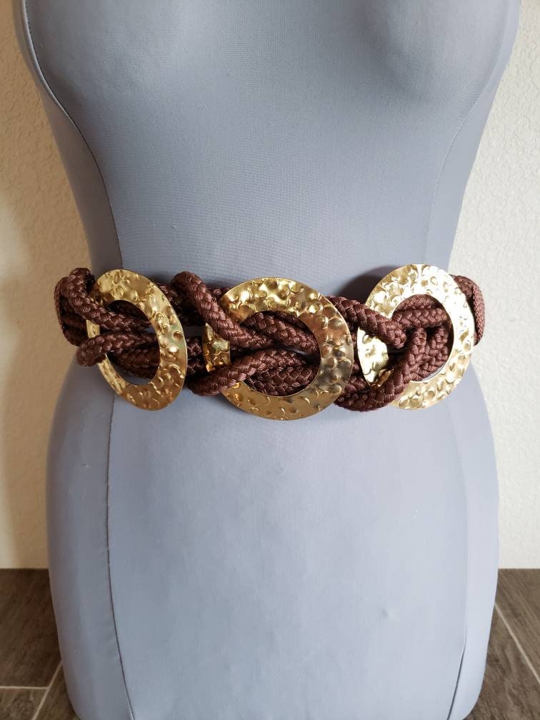 Vintage Wide Corded Belt With Hammered Metal Accents | Brown  display picture 3