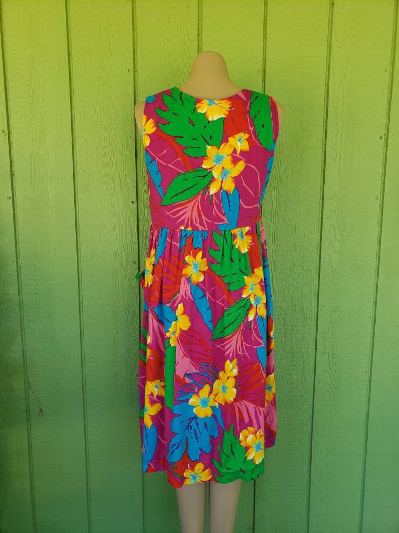 Vintage Hawaiian Print Drop Waist Tank Dress Colorful 80's Hawaiian Dress Jumper Style Hawaiian Dress 36 Bust image 6