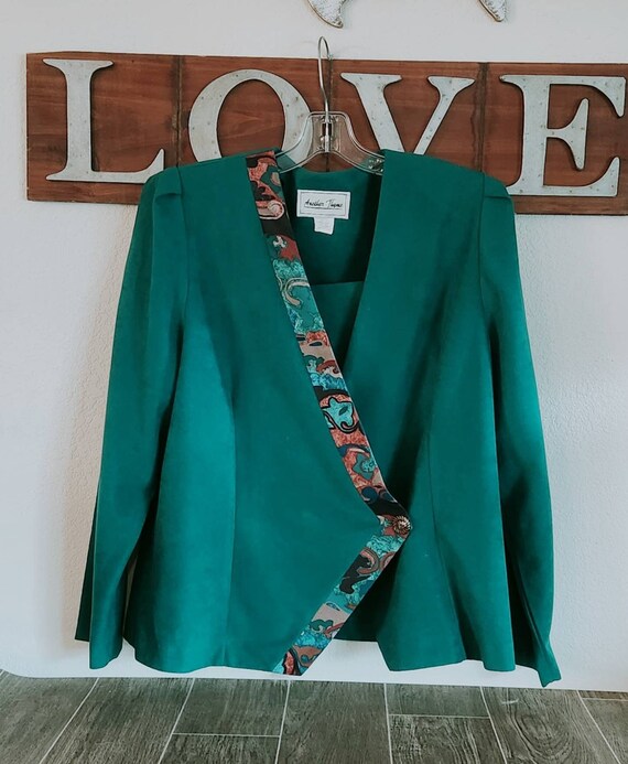 Vintage Warm Green Blazer with Print Trim | Anoth… - image 1