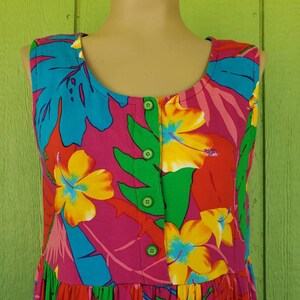 Vintage Hawaiian Print Drop Waist Tank Dress Colorful 80's Hawaiian Dress Jumper Style Hawaiian Dress 36 Bust image 4