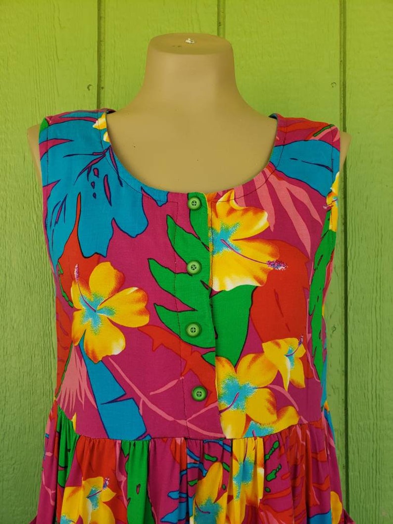 Vintage Hawaiian Print Drop Waist Tank Dress Colorful 80's Hawaiian Dress Jumper Style Hawaiian Dress 36 Bust image 4
