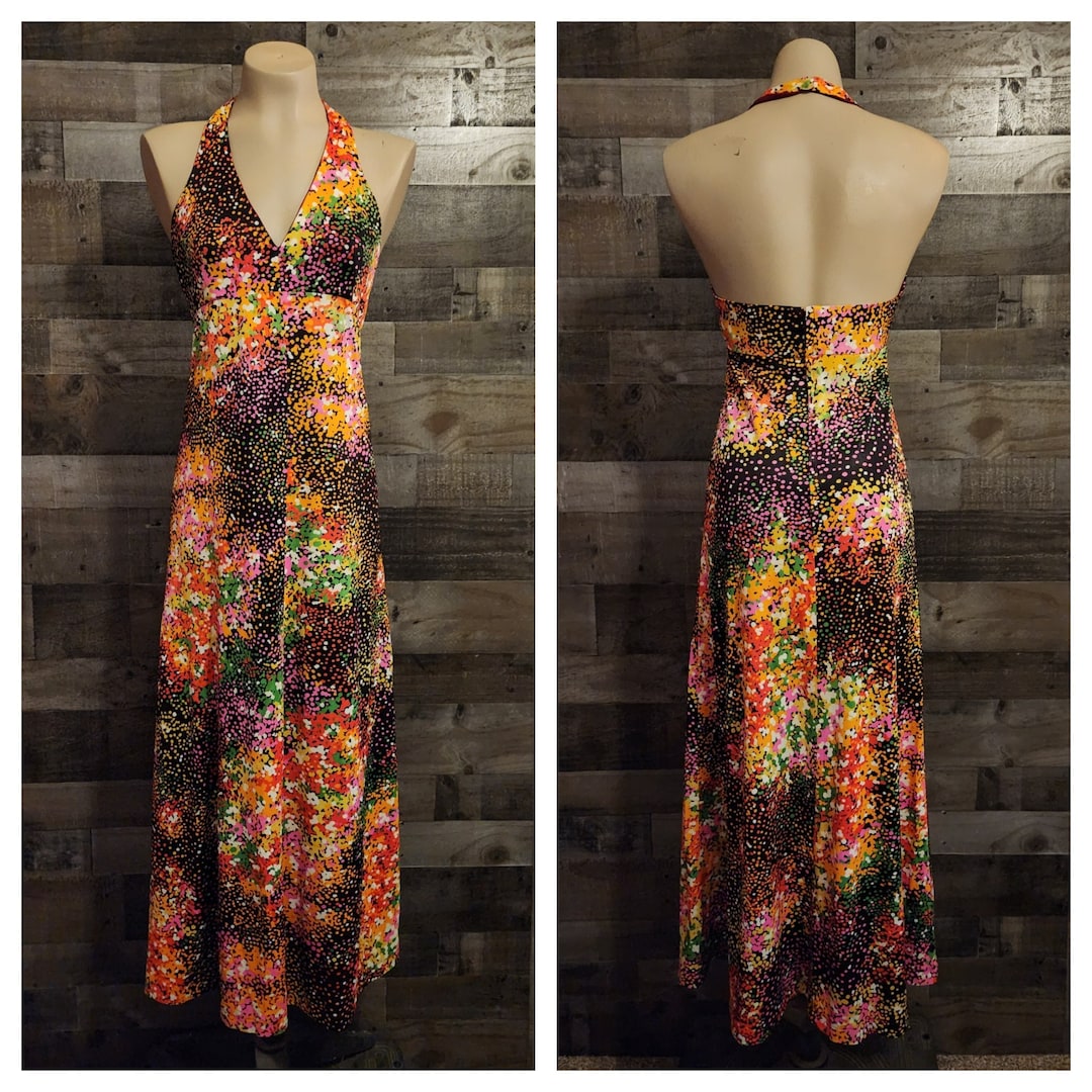1970s Backless Cotton Striped Halter Top Maxi Sun Dress