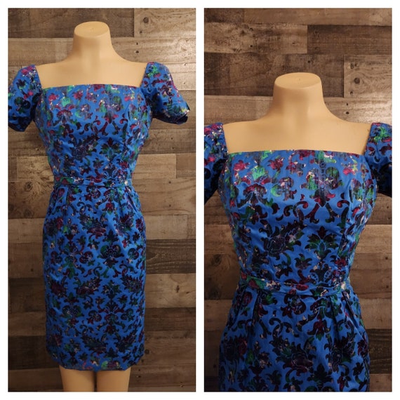 Vintage 1950's Floral Cocktail Dress with Velvet … - image 7