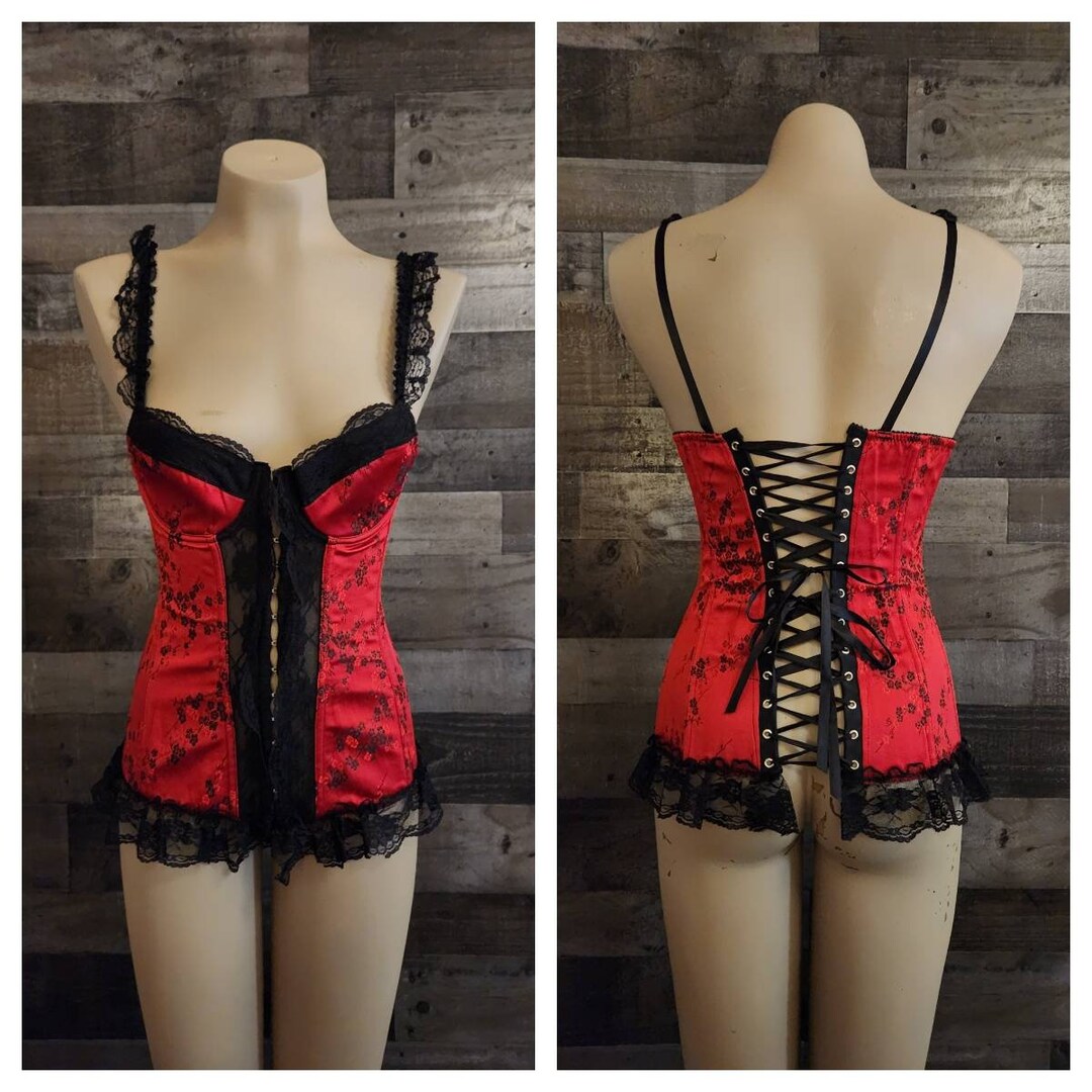Red and Black Bustier Style Corset Long Line Corset Floral Brocade Corset With Lace Straps Small