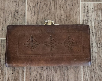 Vintage Leather Tooled Ladies Wallet | Brown Clutch Style Wallet