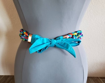 Vintage Colorful Fabric Braided Belt | Fabric Belt | Waist Belt | Cinch Belt | Summer Belt
