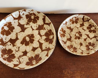 Vintage Set of Ceramic Brown and Cream Plates and Bowls - 4 Piece Set