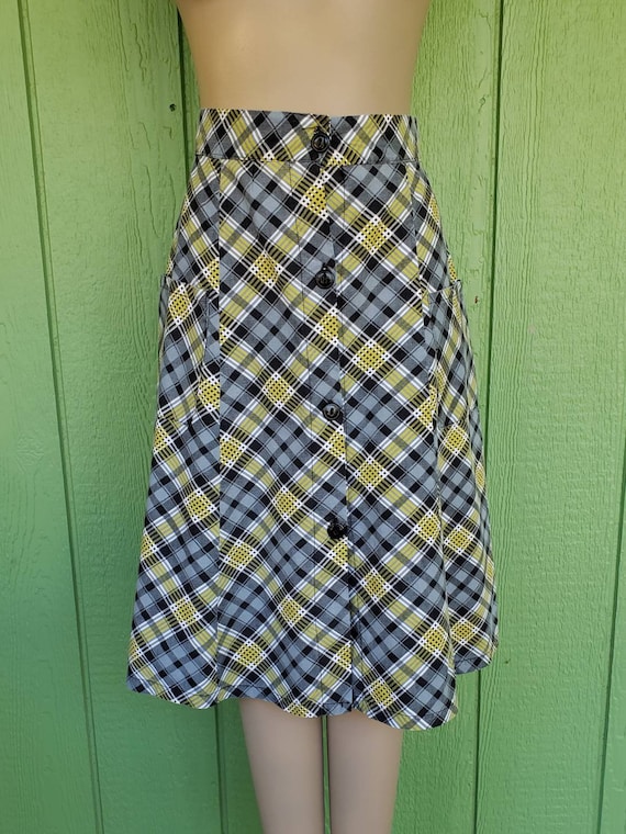 Vintage Plaid Cotton A-Line Skirt, 1970's High Wa… - image 1