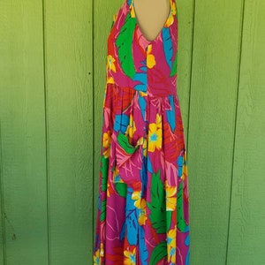 Vintage Hawaiian Print Drop Waist Tank Dress Colorful 80's Hawaiian Dress Jumper Style Hawaiian Dress 36 Bust image 3