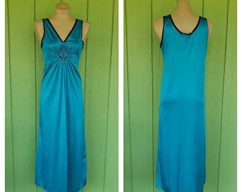 Vintage Lady Ronte Nylon Long Nightgown | Teal and Black Nightgown | Lingerie Nightgown | Negligee Nightgown | 36