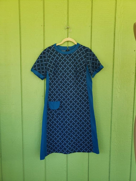 Vintage 1970's Polyester Day Dress, Blue Secretar… - image 5