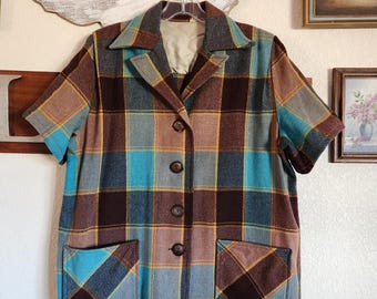 Vintage Ladies Wool Plaid Jacket with Flat Front Pockets | Brown and Turquoise Plaid Jacket