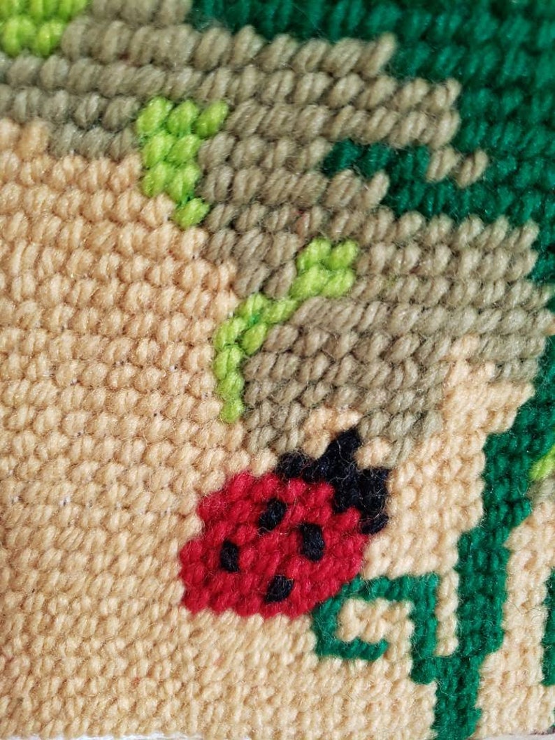 Floral Needlepoint Panel Vintage Needlepoint Panel Completed Large 15 X 15 Red Floral Needlepoint with Ladybug Accent