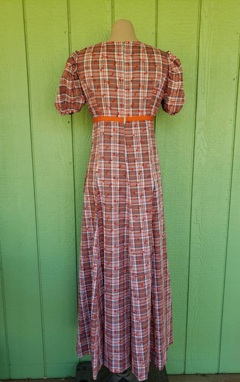 S 32 Chest Vintage 1970/'s Cotton Plaid Maxi Dress Short Puff Sleeve Dress Empire Waist Full Skirt Maxi Dress Boho Hippie Dress