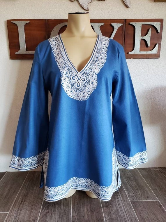 Vintage Embroidered Tunic Top | Blue Cotton Moroc… - image 1