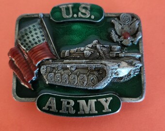 Vintage US Army Belt Buckle with Tank and Flag by Bergamot Brass Buckle works