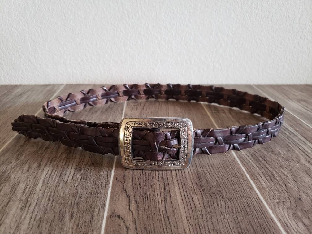 Vintage Brown Braided Leather Belt With Rectangular Silver  display picture 1
