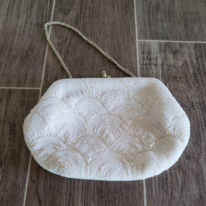 Vintage Beaded Cocktail Purse | Great Gatsby Style White Beaded Cocktail Bag with Chain Strap