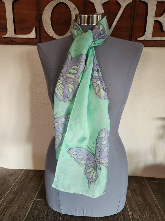 Vintage Hand Painted Silk Scarf with Butterfly De… - image 3