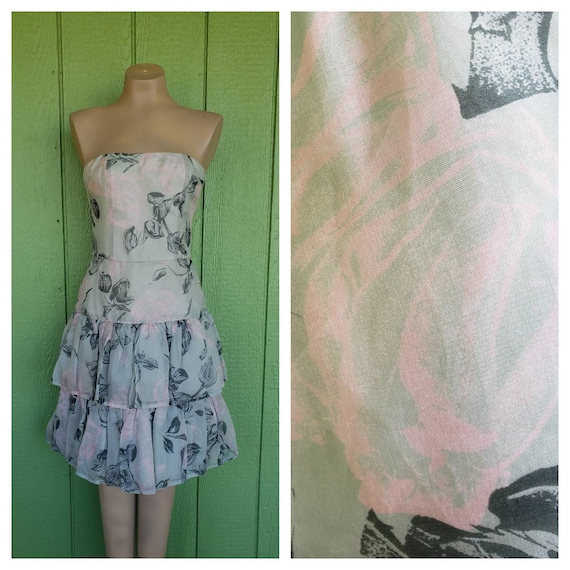 1980's Strapless Prom Dress, Floral Layered Prom D