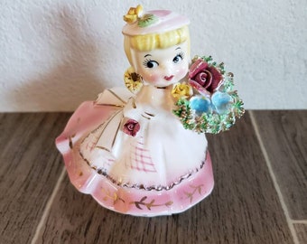 Vintage Girl with Flowers Figurine - Made in Japan
