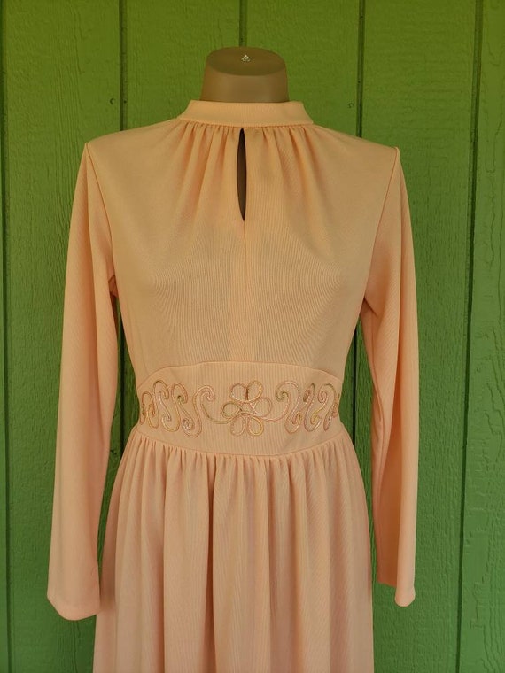 Vintage 1970's Polyester Maxi Dress, Peach,  Medi… - image 3