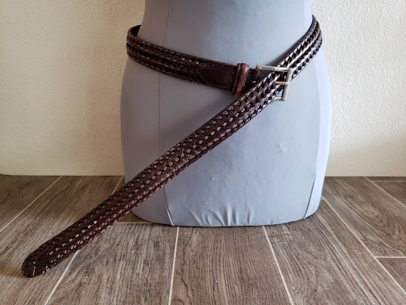 VINTAGE Wide Brown Leather Woven Belt Vintage Brown Braided Leather Belt size max W 32” 2.25” wide  main image 2