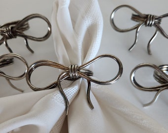 Vintage Silver Tone Metal Bow Shaped Napkin Rings | Set of 8 Bow Napkin Rings