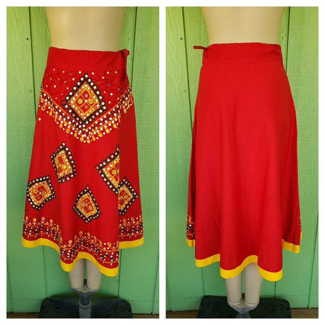 Vintage Circle Skirt Red Skirt With Embroidery and Beading Ethnic Style