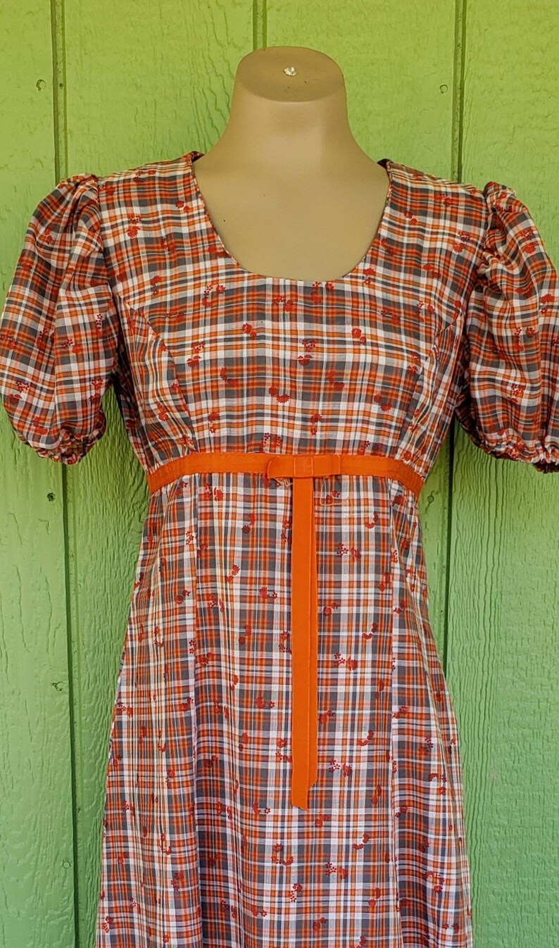 S 32 Chest Vintage 1970/'s Cotton Plaid Maxi Dress Short Puff Sleeve Dress Empire Waist Full Skirt Maxi Dress Boho Hippie Dress
