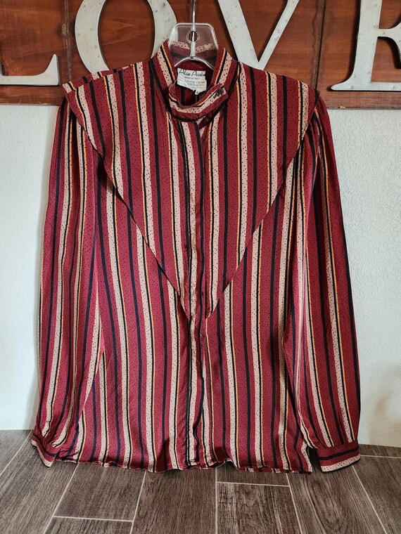 Vintage 1970's Silk High Neck Striped Silk Blouse by Alan Austin Italy