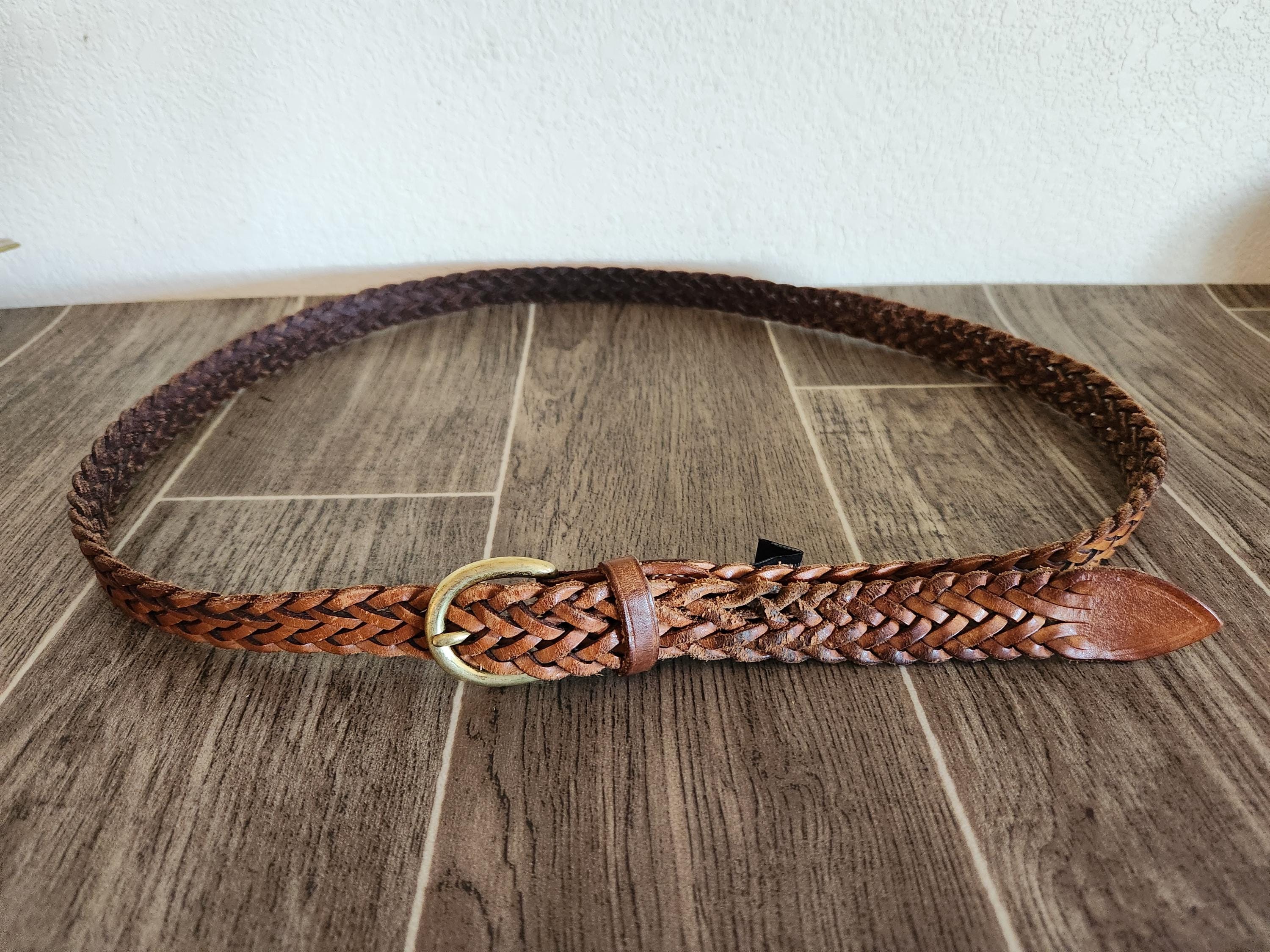 Vintage Brighton Braided Bullwhip Leather Belt Solid Brass Buckle Crafted in USA Vintage Brighton Brown Braided Leather Belt With Brass  main image 4