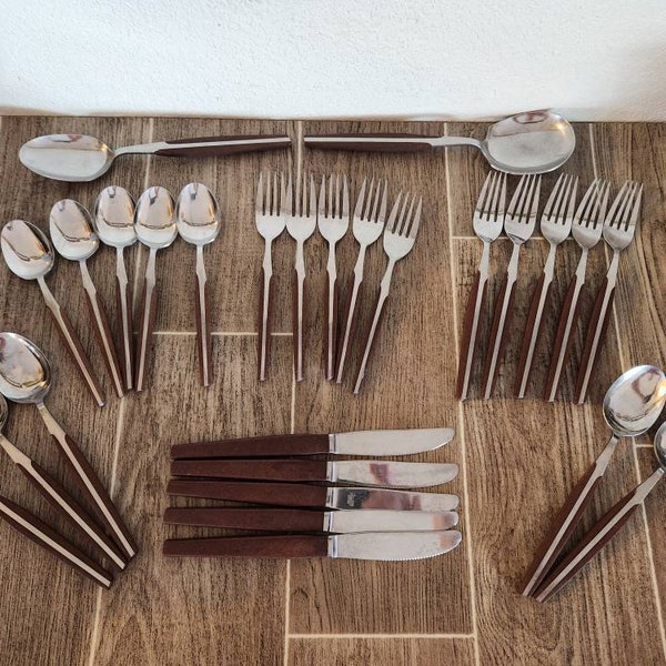 Vintage Set of Wood and Stainless Flatware Set | Crown Eldan Stainless Steel Japan | Service for 5 | Set of 27 Total