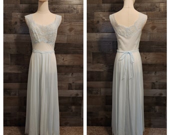 Vanity Fair - Long Negligee - Pale Blue with Lace | Empire Waist Long Nightgown 34 Bust
