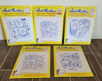Vintage Lot of Iron on Transfers for Embroidery Art - Aunt Martha's Hot Iron Transfers - Lot of 5